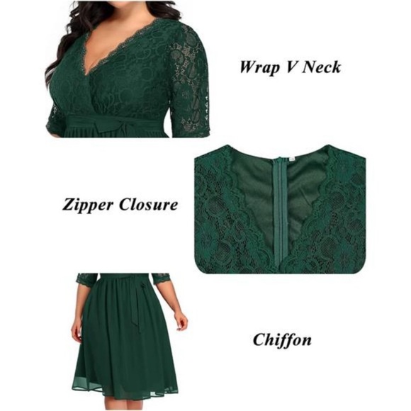 Women's Plus Size Lace Chiffon Wrap V Neck Midi Dress, Emerald Green - Picture 5 of 7